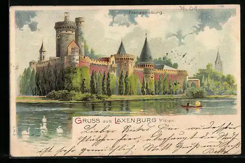 Lithographie Laxenburg b. Wien, Franzensburg mit Ruderboot