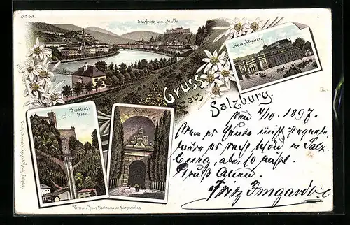 Lithographie Salzburg, Blick von Mülln, Neuthor, Neues Theater