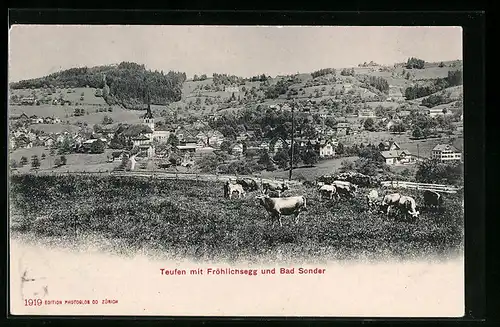 AK Teufen, Teilansicht mit Fröhlichsegg, Bad Sonder und Kühen