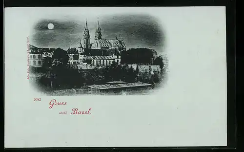 Mondschein-AK Basel, Ortspartie mit Kirche