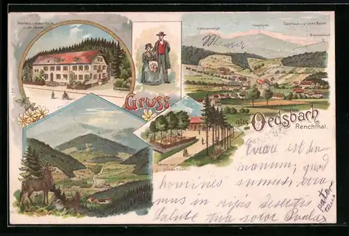 Lithographie Oedsbach /Renchthal, Gasthaus zum grünen Baum J. Sester, Gesamtansicht mit Umgebung, Trachtenpaar