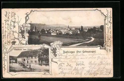 AK Biethingen bei Gottmadingen, Gasthaus zum Kranz mit Strasse und Ochsengespann, Ortsansicht mit Landstrasse