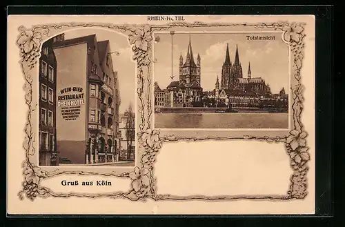 Passepartout-AK Köln, Rhein-Hotel L. Gummersbach, Frankenwerft 27, Totalansicht mit Dom