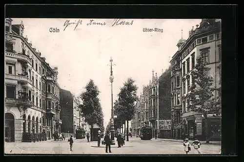 AK Köln-Neustadt, Ubier-Ring mit Strassenbahn, Promenade und Passanten