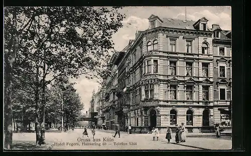 AK Köln-Neustadt, Hotel Fegers, Hansaring 10, mit Strasse, Brücke und Passanten