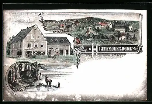 Lithographie Hintergersdorf, Gebäudeansicht, Gesamtansicht, Waldtiere