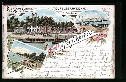 Lithographie Hamburg-Teufelsbrücke, Gasthaus der Exportbrauerei von A. H. Schmidt, Strandpartie, Dampfschiffbrücke