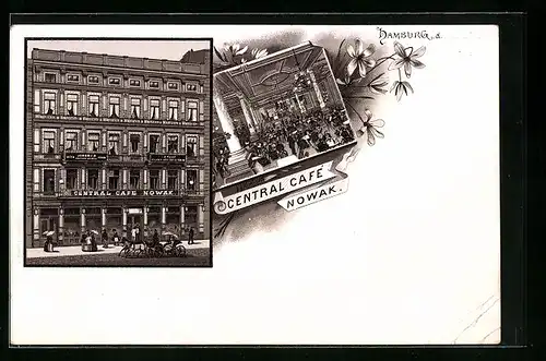 Lithographie Hamburg-Neustadt, Central-Cafe Nowak mit Strasse und Saal