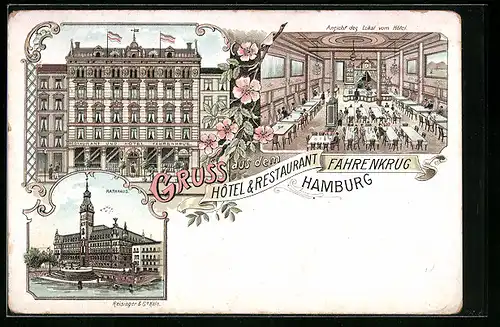 Lithographie Hamburg, Hotel & Restaurant Fahrenkrug mit Saal, Rathaus