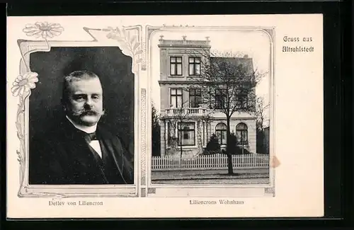 Passepartout-AK Hamburg-Altrahlstedt, Detlev von Liliencron, Portrait und Wohnhaus