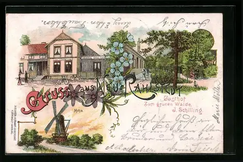 Lithographie Hamburg-Rahlstedt, Gasthaus zum grünen Walde J. Schilling, Mühle