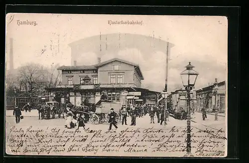 AK Hamburg-Klostertor, Klosterthorbahnhof mit Pferdewagen und überfülltem Bahnsteig