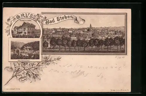 Lithographie Bad Steben, Neues Kurhotel, Höllenthal, Gesamtansicht