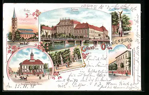 Lithographie Oranienburg, Hotel Eilers, Schloss, Kirche