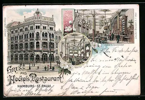 Lithographie Hamburg-St. Pauli, Restaurant Heckel, Innenansichten unterer Restaurants-Saal und oberer Saal