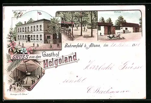 Lithographie Hamburg-Altona, Gasthaus Helgoland, Kegelbahn, Stallung