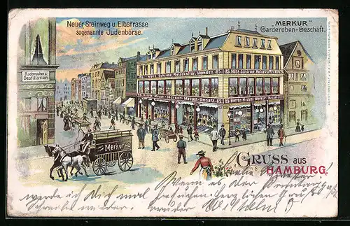 Lithographie Hamburg-Neustadt, Neuer Steinweg und Elbstrasse, Merkur Garderoben-Geschäft