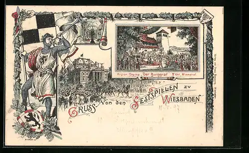 Lithographie Wiesbaden, Festspiele, Historisches Drama Der Burggraf, IV. Akt, Minnehof