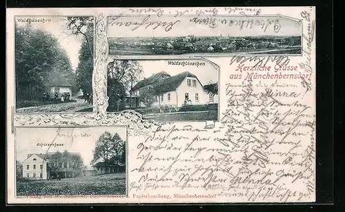 AK Münchenbernsdorf, Gasthaus Waldschlösschen, Schützenhaus, Waldhäuschen