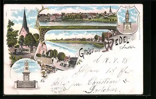 Lithographie Wedel i. Holst., Totalansicht, Kirche, Bahnhof, Roland