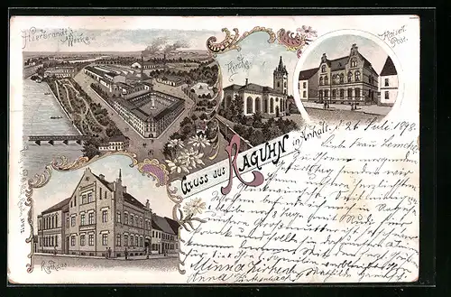 Lithographie Raguhn /Anhalt, Heerbrandts Werke, Kaiserliche Post, Rathaus