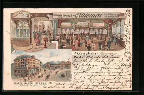 Lithographie München, Strebls Automat-Cafe-Restaurant, Bayerstrasse 13