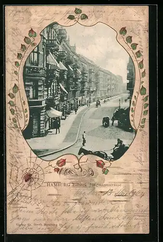 AK Hamburg-Eilbek, Häuser an der Jungmannstrasse, Spinne im Netz