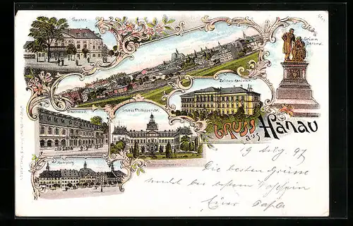 Lithographie Hanau, Schloss Philippsruhe, Theater, Französische Kirche