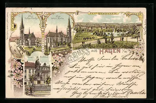 Lithographie Hagen i. W., Neue Luther-Kirche, Neue katholische Kirche, Sieges-Denkmal