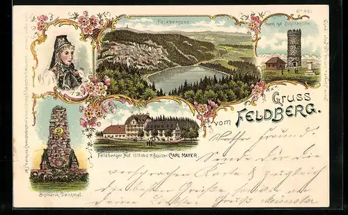 Lithographie Feldberg, Thurm mit Schutzhütte, Bismarck-Denkmal, Feldbergsee