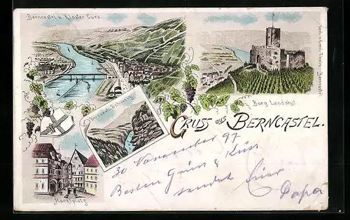 Lithographie Berncastel, Burg Landshut, Teilansicht mit Kloster Cues, Marktplatz