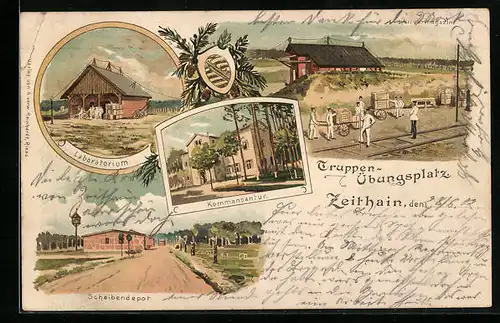 Lithographie Zeithain, Truppenübungsplatz mit Pulvermagazin, Laboratorium, Scheibendepot