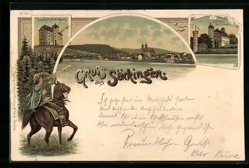 Lithographie Säckingen, Teilansicht mit Kirche, Schloss Schönau, Scheffels Wohnung