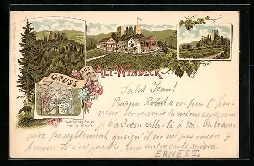 Lithographie Alt-Windeck, 1896, Ansichten der Burg und Wappen der Ritter von Alt-Windeck