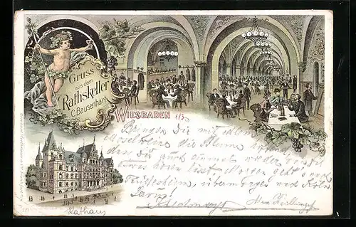 Lithographie Wiesbaden, Ratskeller, Speisesaal, Rathaus