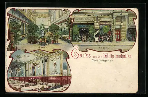 Lithographie Berlin-Charlottenburg, Gasthaus Wilhelmshallen, Inneres Saal, Garten
