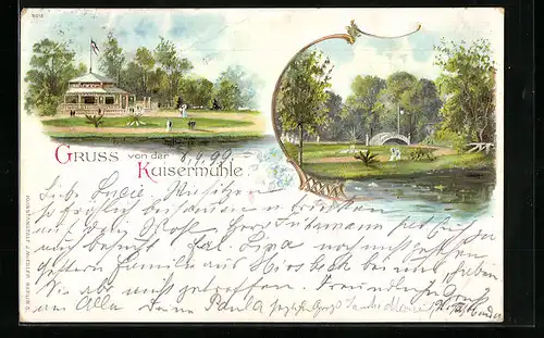 Lithographie Viersen, Gasthof Kaisermühle, Uferpartie