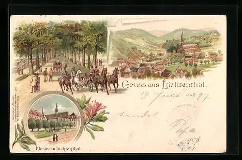 Lithographie Lichtenthal, Kloster, Allee mit Pferdekutschen, Ortsansicht