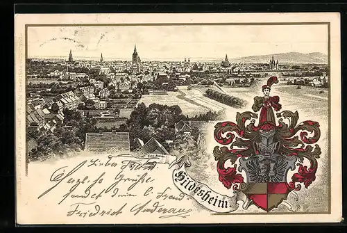 Lithographie Hildesheim, Ortsansicht aus der Vogelschau, Wappen
