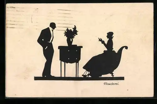 Künstler-AK Plauderei, Dame und Herr, Scherenschnitt