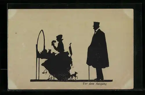 Künstler-AK Vor dem Ausgang, Dame vor Spiegel und Gatte im Mantel, Scherenschnitt