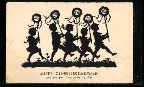 AK Kinder gratulieren zum Geburtstag, Scherenschnitt