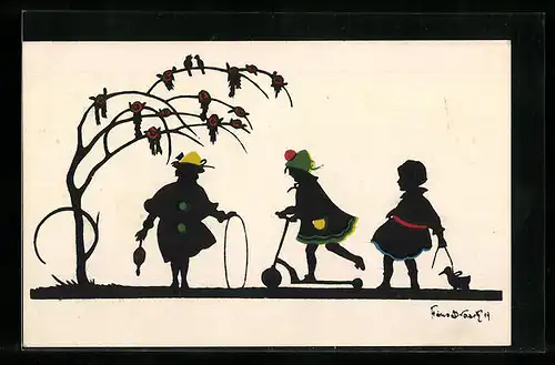 AK Kinder spielen Zirkus, Scherenschnitt