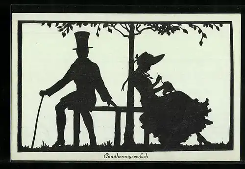 AK Annäherungsversuch, Liebespaar schüchtern auf einer Bank sitzend