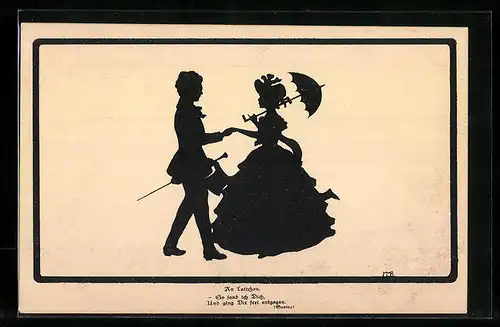 AK Junger Mann begrüsst die Spaziergängerin, Scherenschnitt