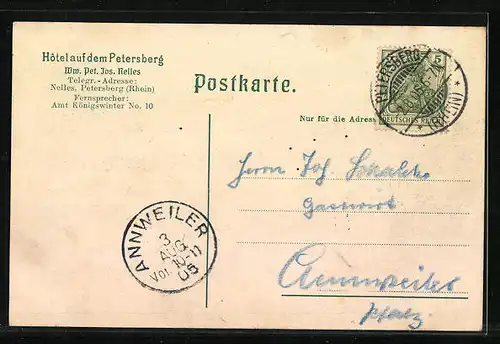 AK Petersberg a. Rhein, Hotel auf dem Petersberg, Inh. Ww. Pet. Jos. Nelles