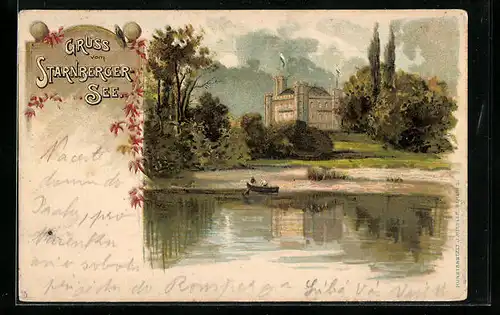 Lithographie Berg / Starnberger See, Schloss mit Uferpartie