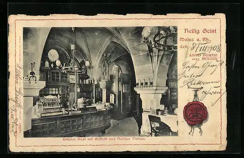 AK Mainz a. Rh., Restaurant Heilig Geist, Unterer Saal mit Büffett und Heiligem Florian