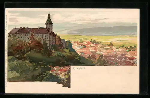 Lithographie Rudolstadt / Thür. Schloss Heidecksburg mit Blick auf Stadt