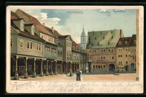 Lithographie Arnstadt, Blick auf den Marktplatz